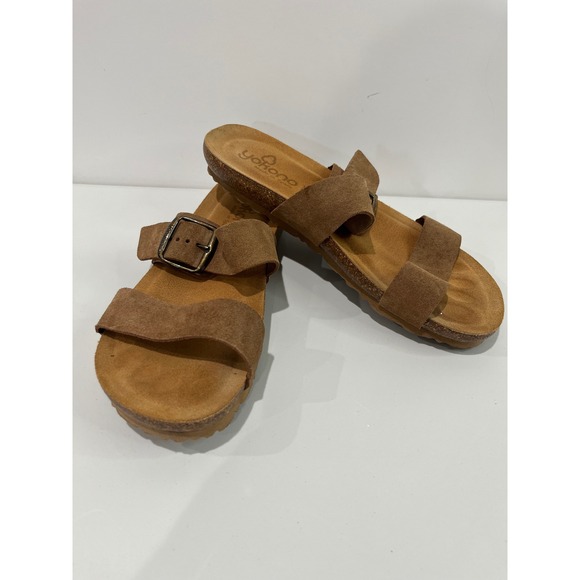 yokono Shoes - Yokono Leather Sandals Women's Buckle Suede Strap Slides Cork Footbed Tan‎ Brown